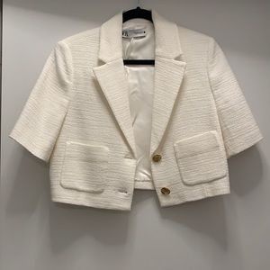 Zara Knit Crop Blazer Top In Ivory